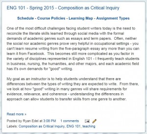 English 101 - Composition as Critical Inquiry at Illinois State University.